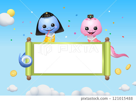 A cute snake character symbolizing the Lunar New Year wearing a hanbok and showing a scroll for 2025 A cute snake character symbolizing the Lunar New Year wearing a hanbok and showing a scroll for 2025 121015488
