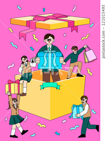 Students wearing school uniforms sticking out of gift boxes 121015495