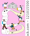 Students in school uniform walking on a path made of toilet paper 121015500