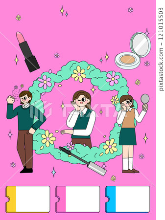 A beauty event poster showing a student spraying perfume and a student looking in the mirror and a student being satisfied with decorating. A beauty event poster showing a student spraying perfume and a student looking in the mirror and a student being satisfied with decorating. 121015503