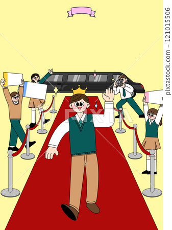 A student wearing a school uniform wearing a crown and walking on the red carpet 121015506