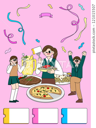 Delicious food and excited students in school uniforms 121015507