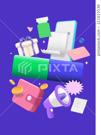 A collection of membership icons related to shopping malls, such as smartphones, wallets, gift boxes, tickets, cards, etc. 121015536