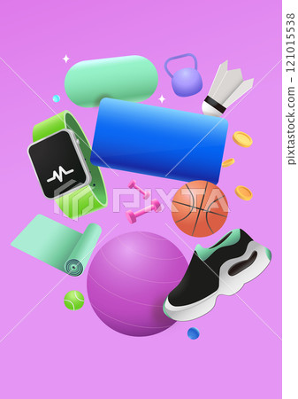 Collection of sports-related membership icons such as watch, sneakers, basketball, dumbbell, mat, etc. 121015538