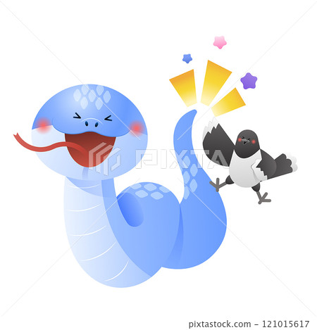 Excited snake and magpie characters giving a high five Excited snake and magpie characters giving a high five 121015617