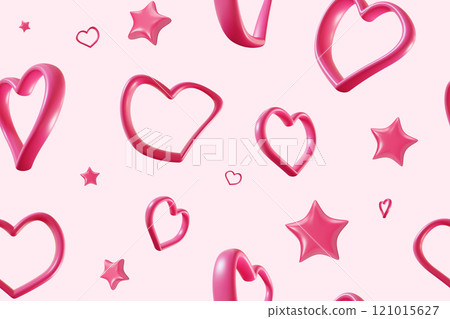 Seamless Valentines Day pattern with 3D pink stars and hearts in outline styles on soft pink background. Romantic design is ideal for gift wrapping, greeting cards, holiday decor. Love and affection. Seamless Valentines Day pattern with 3D pink stars and hearts in outline styles on soft pink background. Romantic design is ideal for gift wrapping, greeting cards, holiday decor. Love and affection. 121015627