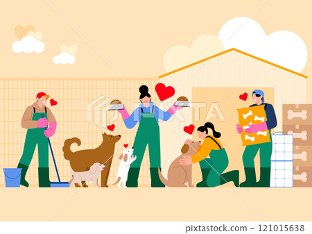 People who volunteer at an abandoned dog protection center 121015638