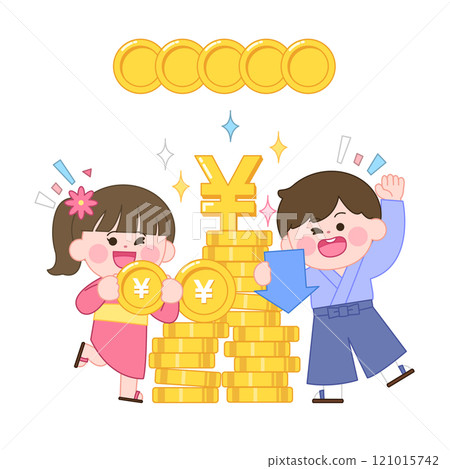 Characters wearing kimonos and holding yen coins 121015742