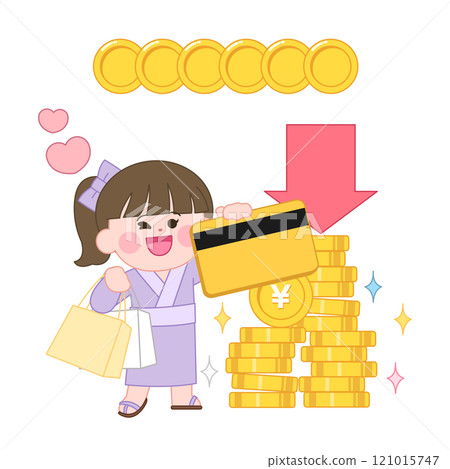 A character wearing a kimono and holding shopping bags and a pile of yen coins 121015747