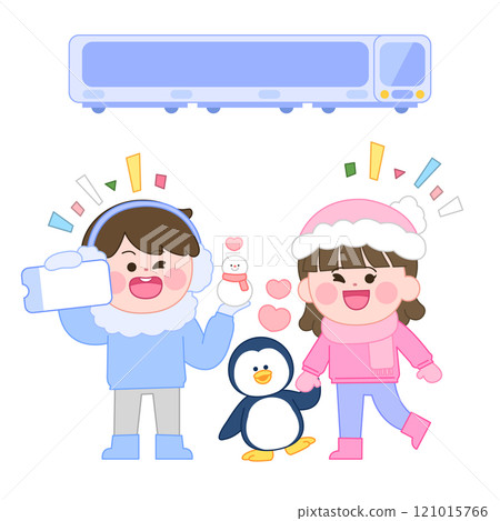 Characters wearing winter gear and cute penguins 121015766