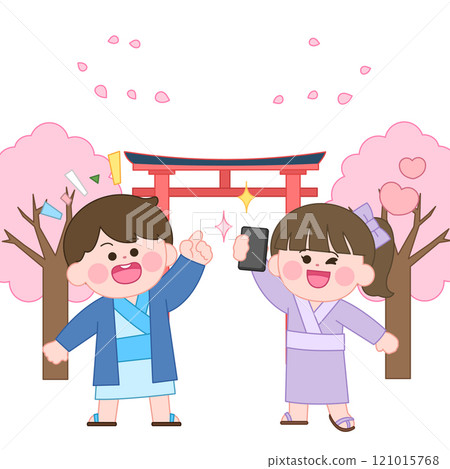 Characters wearing kimonos standing in front of a shrine with cherry blossoms flying 121015768
