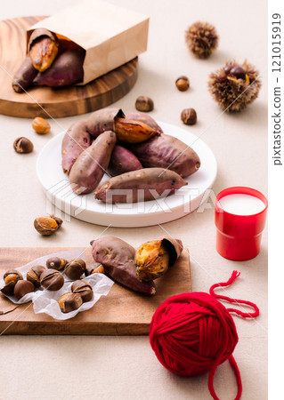 Honey combination of chestnuts and sweet potatoes plated with a winter concept Honey combination of chestnuts and sweet potatoes plated with a winter concept 121015919