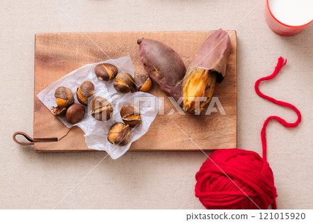 Honey combination of chestnuts and sweet potatoes plated with a winter concept Honey combination of chestnuts and sweet potatoes plated with a winter concept 121015920
