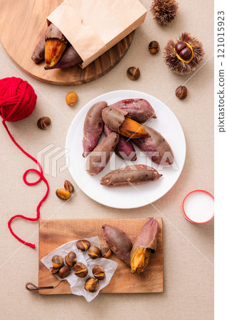 Honey combination of chestnuts and sweet potatoes plated with a winter concept 121015923