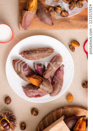 Honey combination of chestnuts and sweet potatoes plated with a winter concept Honey combination of chestnuts and sweet potatoes plated with a winter concept 121015924