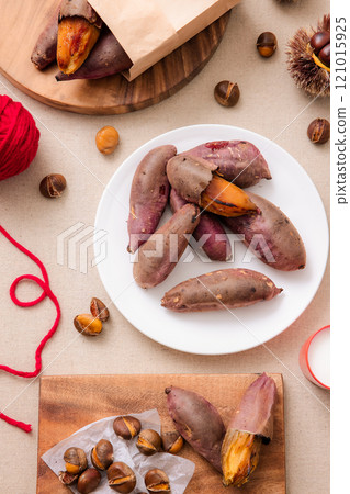 Honey combination of chestnuts and sweet potatoes plated with a winter concept Honey combination of chestnuts and sweet potatoes plated with a winter concept 121015925