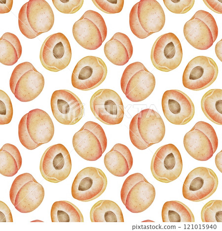 Cute ripe whole and slice apricot with pit seamless pattern on white. Watercolor illustration in kids style for textile, decoration dishes, labels for juice, jam, children parties, birthday. Cute ripe whole and slice apricot with pit seamless pattern on white. Watercolor illustration in kids style for textile, decoration dishes, labels for juice, jam, children parties, birthday. 121015940