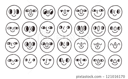 Doodle face set. Abstract comic smiling faces. Crayon drawing style. Different characters. Cartoon style. Flat design. Hand drawn trendy illustration. 121016170