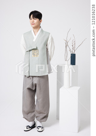 A young man standing wearing a hanbok 121016238