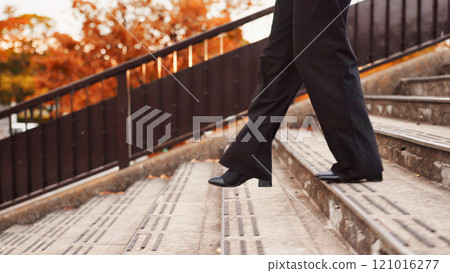 Walking, steps and travel with business person in Japan city for commute, journey and professional. Corporate, urban and pride with closeup of shoes of employee and stairs for confidence and legs 121016277