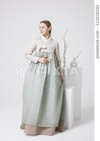 A foreign woman wearing traditional Korean hanbok 121016282