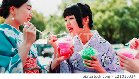Kimono, sharing and slushy with Japanese women outdoor in city together for bonding as friends. Conversation, kakigori and ice with people eating at festival for culture, heritage or tradition Kimono, sharing and slushy with Japanese women outdoor in city together for bonding as friends. Conversation, kakigori and ice with people eating at festival for culture, heritage or tradition 121016334