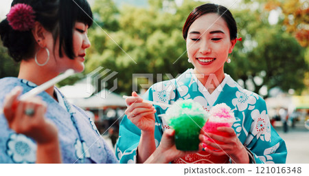 Kimono, slushy and toast with Japanese women outdoor in city together for bonding as friends. Cheers, kakigori and smile of happy people eating at carnival for culture, heritage or tradition Kimono, slushy and toast with Japanese women outdoor in city together for bonding as friends. Cheers, kakigori and smile of happy people eating at carnival for culture, heritage or tradition 121016348