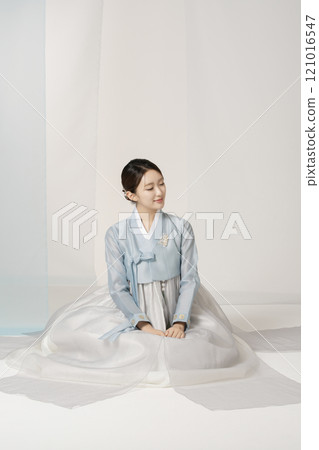 A beautiful woman sitting wearing a luxurious and elegant hanbok A beautiful woman sitting wearing a luxurious and elegant hanbok 121016547