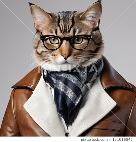 well-dressed cat in leather jacket 121016845