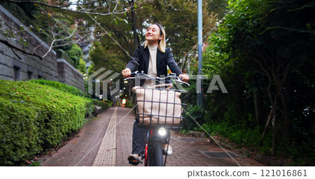 Travel, smile and businesswoman with bicycle, city and commuting to work, transport and trip to morning. Outdoor, eco friendly and cycling on street, trader and Asian person with bike, happy or Japan 121016861