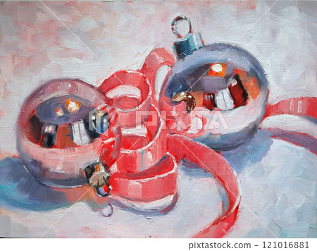 Hand drawn oil painting on canvas - Glass Christmas baubles with curly red ribbon lying on table. Oil picture in impressionism style. Hand drawn oil painting on canvas - Glass Christmas baubles with curly red ribbon lying on table. Oil picture in impressionism style. 121016881