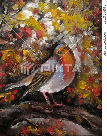 Cute a British red robin birds. oil painting on canvas. Autumn background. Cute a British red robin birds. oil painting on canvas. Autumn background. 121016893