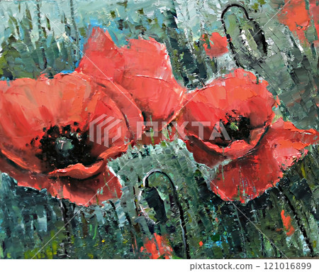 large red Poppies on the field - Oil Painting by palette knife. Big red flowers. Handmade oil painting on canvas, pictorial art. Original impressionism oil picture on canvas of summer blooming. 121016899