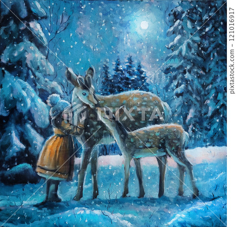 Deer with fawn in forest with snow in the winter season. Little girl hugs a deer. Original hand drawn oil painting on canvas for seasons greetings cards. Deer with fawn in forest with snow in the winter season. Little girl hugs a deer. Original hand drawn oil painting on canvas for seasons greetings cards. 121016917