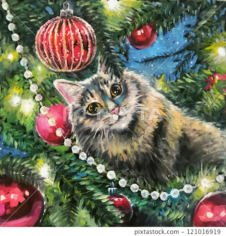 hand drawn oil picture - Cat on Christmas tree. Fluffy cat on a fir among red glass balls. Naughty cute kitten. New Year greeting card. Oil painting with funny pet. hand drawn oil picture - Cat on Christmas tree. Fluffy cat on a fir among red glass balls. Naughty cute kitten. New Year greeting card. Oil painting with funny pet. 121016919