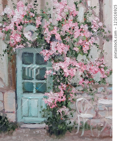 Summer door surrounded by pibk flowers hand drawn oil painting. Spring picture with building wall in impressiomism style. 121016925