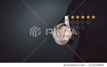 Customer satisfaction concept. Customer services best excellent business rating experience. survey opinion review. right mark emoticon on a wooden figurines indicates satisfaction for five star 121016965