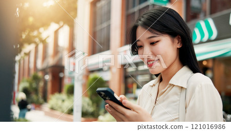Cellphone, travel and woman in city for networking, communication or typing email on vacation. Phone, contact and Japanese female person reading online blog for holiday tips or advice in town. 121016986