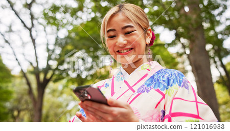 Happy, texting and Asian woman with smartphone, park and communication with contact for schedule of date. Online dating, outdoor and smile for message, travel and person with mobile app and Japan 121016988