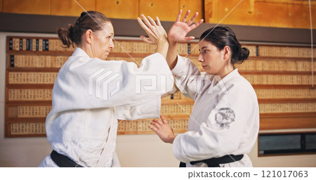 Martial arts, fight demonstration and women with learning, exercise and karate etiquette in dojo. Japan, training and studio with sport, discipline and warrior in taekwondo class in gym with strike Martial arts, fight demonstration and women with learning, exercise and karate etiquette in dojo. Japan, training and studio with sport, discipline and warrior in taekwondo class in gym with strike 121017063