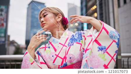 Japanese woman, artist and dance with kimono in city for hand movement, contemporary style and expression. Creative culture, performer and nihon buyo with traditional fashion, urban town or heritage Japanese woman, artist and dance with kimono in city for hand movement, contemporary style and expression. Creative culture, performer and nihon buyo with traditional fashion, urban town or heritage 121017073