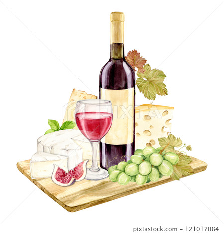 Red wine and snack served on a wooden board. Bottle, glass, green grapes, brie and cheddar cheese and figs. Composition for restaurant menu or wine list design. Clipart in rustic style. Red wine and snack served on a wooden board. Bottle, glass, green grapes, brie and cheddar cheese and figs. Composition for restaurant menu or wine list design. Clipart in rustic style. 121017084