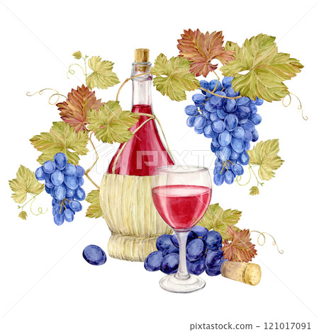 Bottles of red wine in a wicker basket sealed with a cork. Watercolor illustration of a glass in basket woven from a straw rod. Clipart for wine tasting or wine list design. 121017091