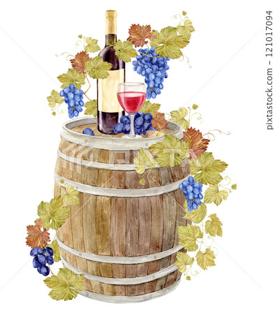 Watercolor wooden oak barrel for storing fermented wine. Red wine bottle with old paper label. Illustration for tasting, menu, cafe, bar, posters and wine list design. 121017094