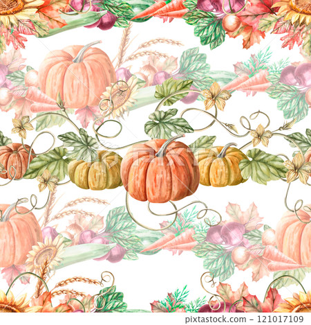 Seamless pattern with pumpkins. Watercolor illustration on the theme of harvest for the design of ecological farm products, fair products, printing on packaging and fabric. 121017109