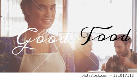 Smiling waitress serving coffee, Good Food text image over cafe scene 121017118