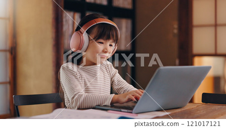 Elearning, typing and child with laptop, headphones and education for girl, listening or studying. Home, happy and online and practice for exam, audio and podcast for knowledge, smile or kid in Japan 121017121