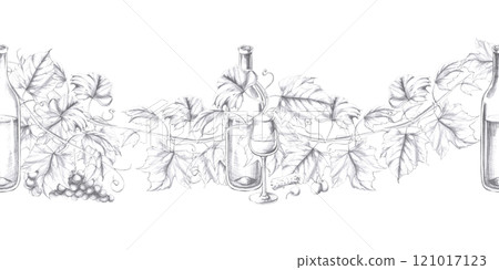 Seamless border with wine bottle, vine and glass. Isolated pencil illustration in realistic style for bar card design, fabric printing, menu design, alcoholic beverages. Seamless border with wine bottle, vine and glass. Isolated pencil illustration in realistic style for bar card design, fabric printing, menu design, alcoholic beverages. 121017123