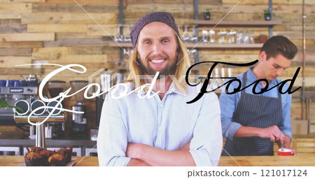 Smiling man in cafe with Good Food text image over rustic background Smiling man in cafe with Good Food text image over rustic background 121017124