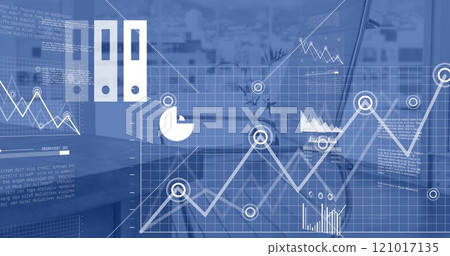 Image of financial data processing and icons over desk in office Image of financial data processing and icons over desk in office 121017135